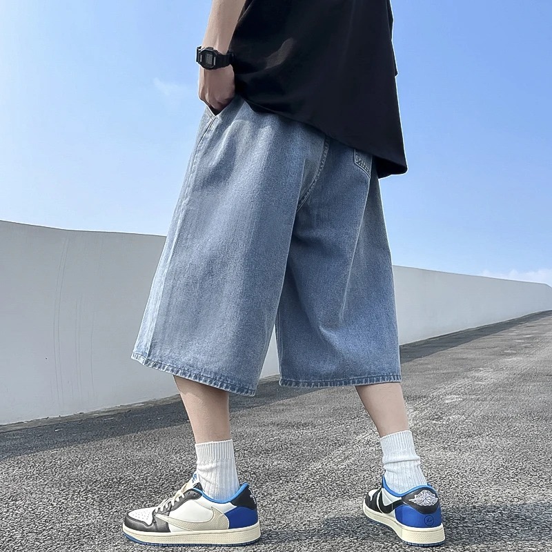 Solid Color Denim Shorts Jeans Men Loose Straight Cut Retro Blue Male Hip Hop Shorts Men Summer Distressed Big Size B70