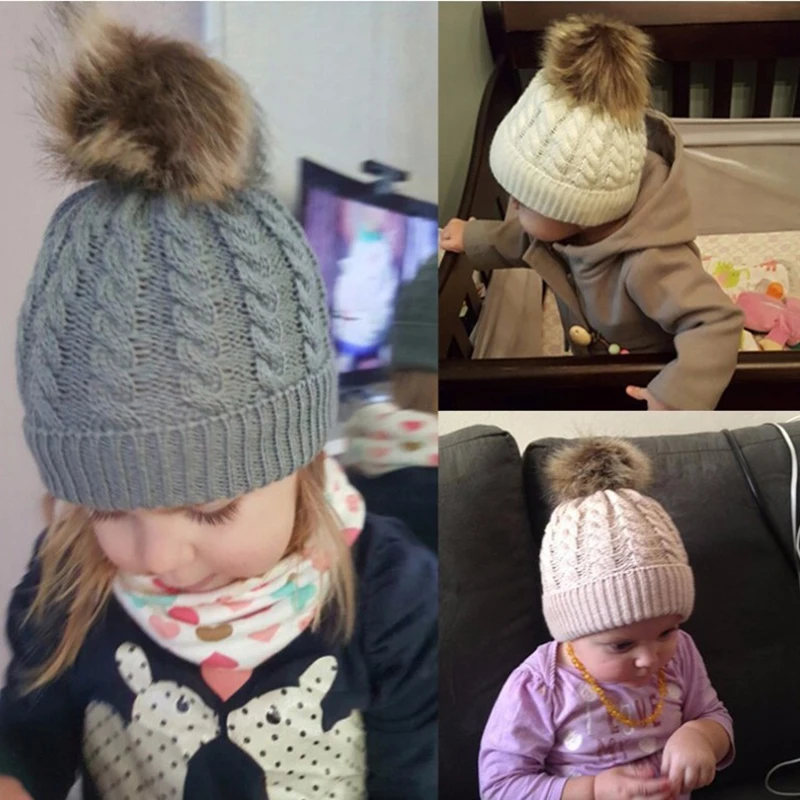 Winter Pompom Knitted Hat for Baby Todder 0-36M Solid Color Kids Outdoor Cap Cute Hairball