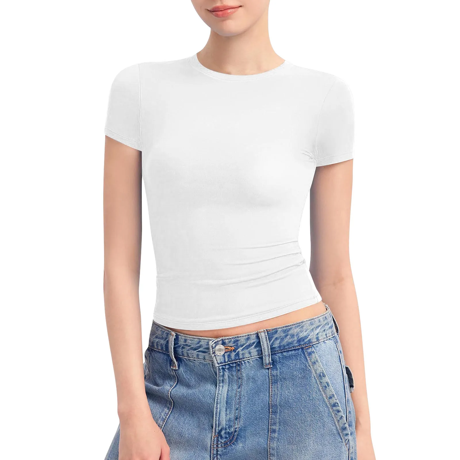 

Женские облегающие футболки, Повседневные Классические однотонные топы с круглым вырезом и коротким рукавом, повседневные облегающие топы для занятий йогой и фитнесом