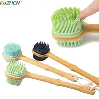 Silicone Brush Head Back Scrubber Shower Brush With Long Wooden Handle Dry Skin Exfoliating Body Massage Cleaning Tool 1