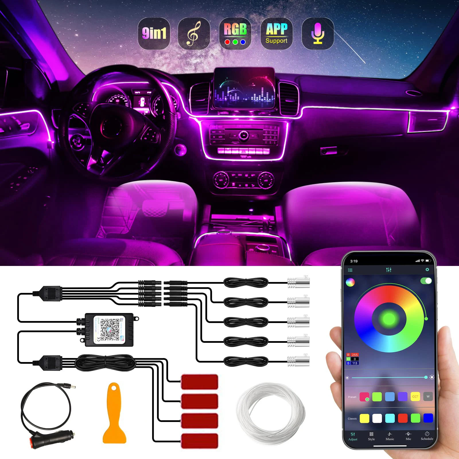 Neon Car LED Interior Lights RGB Ambient Light Fiber Optic Kit With APP