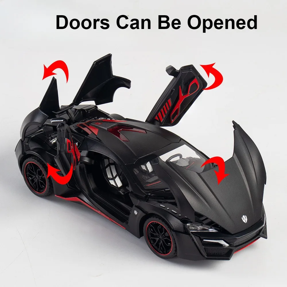 스케일 1:24 Lykan 자동차 모델 장난감 다이캐스트 합금 도어 열림 사운드 라이트 풀백 고무 타이어 Supercar 미니어처 모델 어린이 선물