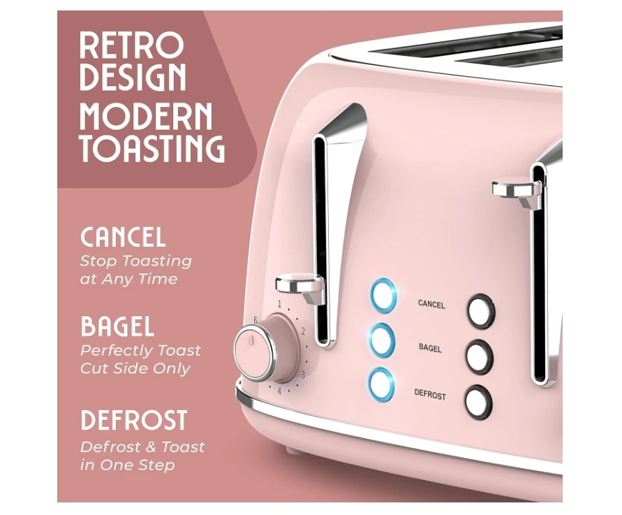 Retro Toaster 4 Slice with Extra Wide Slots Bagel, Defrost, 6 Browning Levels, Dual Independent Controls, Removable Crumb Tray 2
