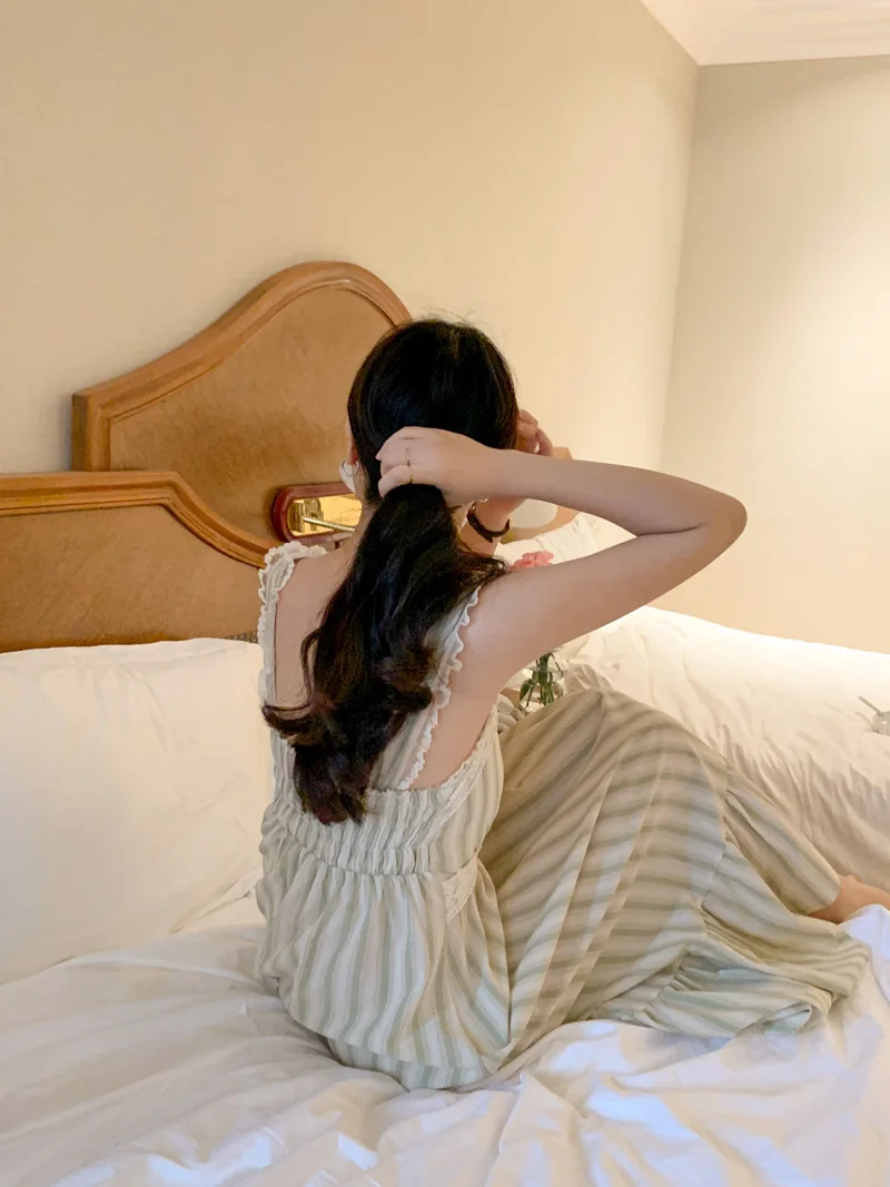 Lace Crochet Summer Nightgown Women Strapless Slash Neck Long Night Dress High Waist Elegant Backless Striped Sleepwear Cotton