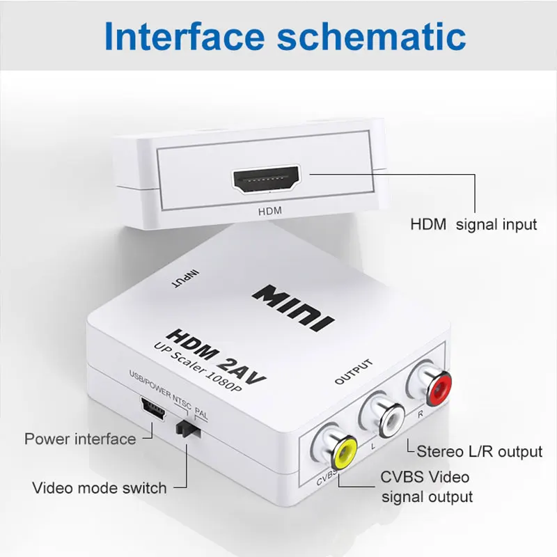 HDMI to AV Converter HDMI to RCA CVBS L/R Video Adapter 1080P HDMI Switch  with Mini USB Power Cable for TV Box AV HDMI