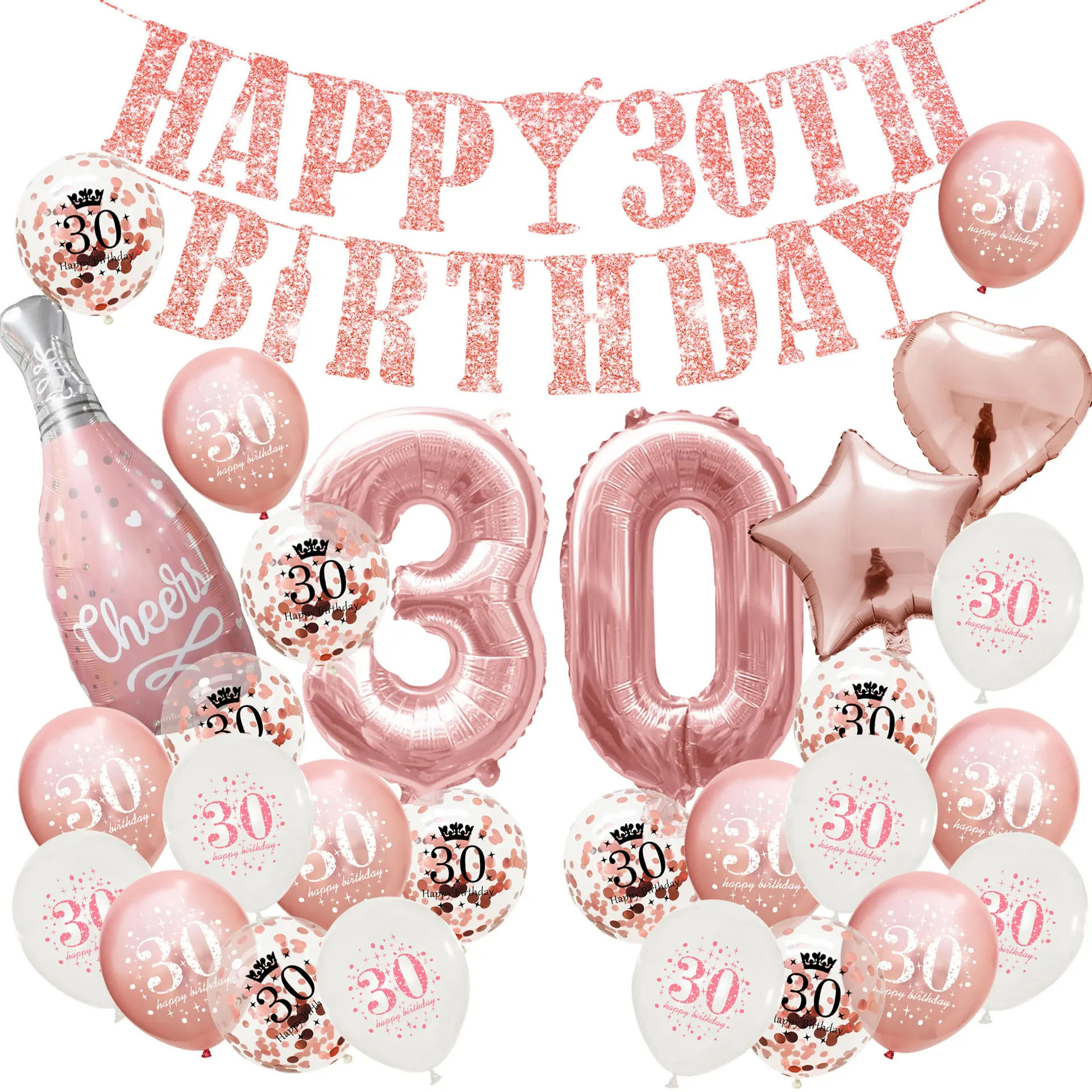 Décorations de 30e 40e 50e anniversaire pour femme, ballon imprimé joyeux 30  anniversaire, décoration de gâteau, bannière pompons en papier, or rose -  AliExpress