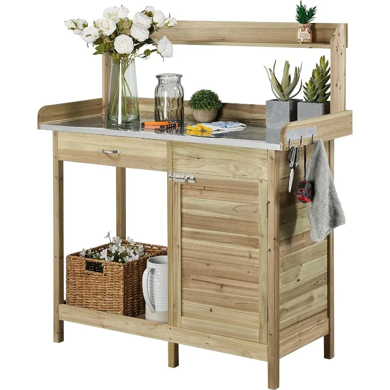 Outdoor Potting Bench with Metal Top & Storage 1