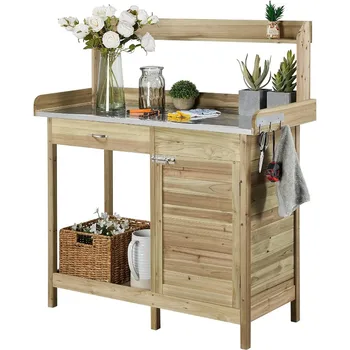 Outdoor Potting Bench with Metal Top & Storage 1