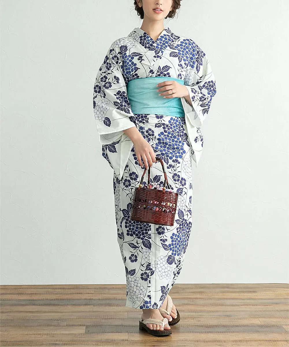 

Women Japanese Traditional Kimono with Obi Clogs Cotton Retro Prints Formal Yukata Cosplay Costume Travel Photography Dress 4pcs