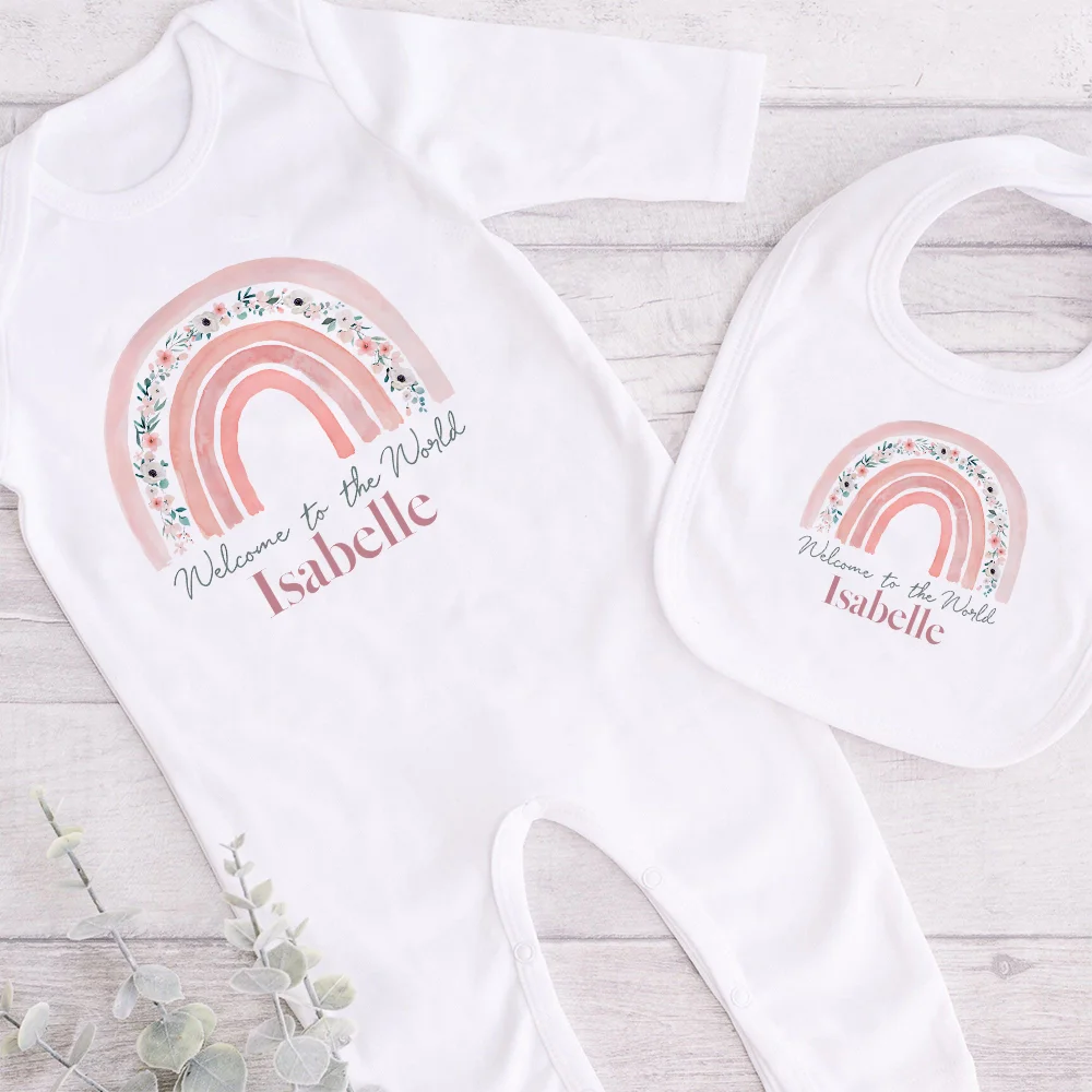 

Personalised Hello World Babygrow Sleepsuit & Baby Bibs New Baby Girl Coming Home Gifts Pregnant Announcement Gift