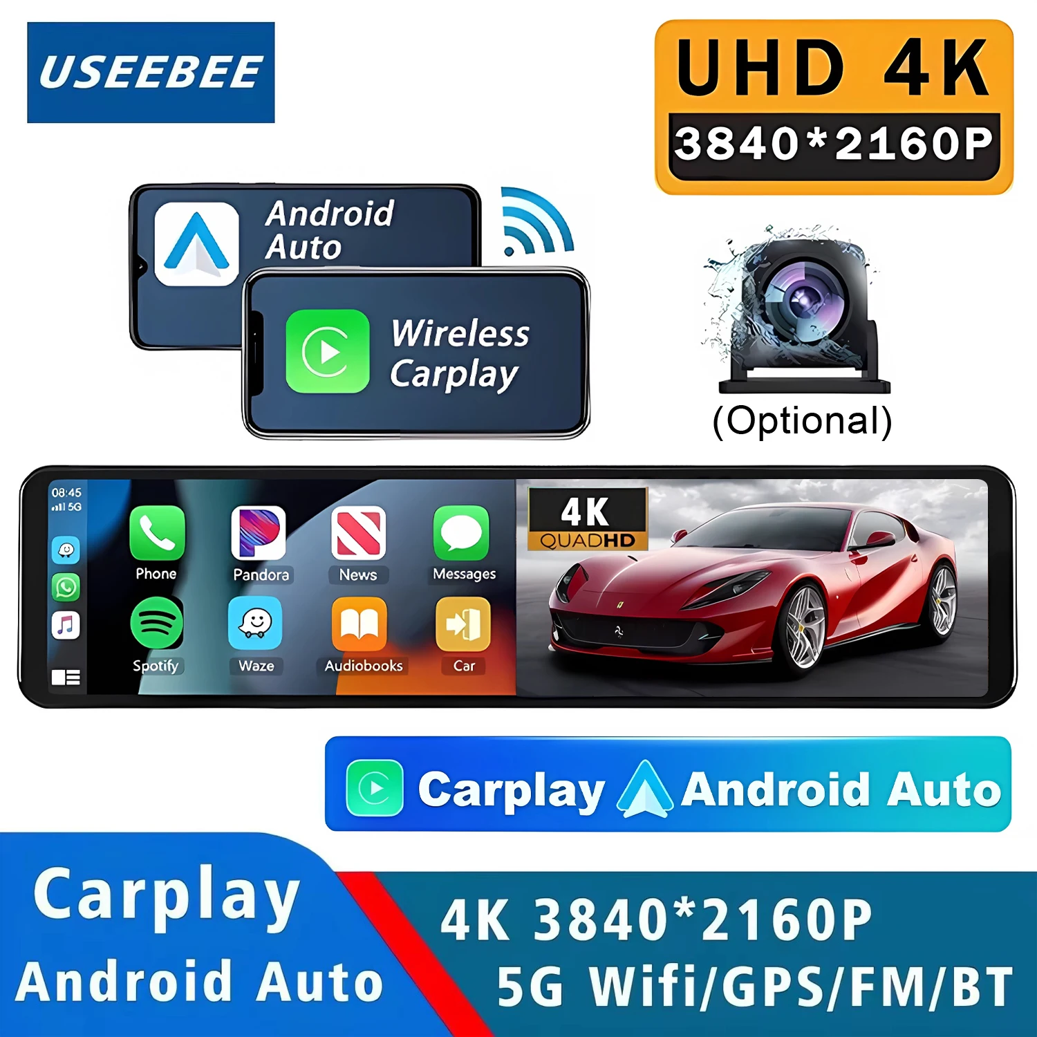 Dash Cam 4K 2160P da 11,26 Pollici con Carplay, Android Auto, Doppia Lente, Wifi, GPS, BT, FM, Registratore Video per Auto, Specchietto Retrovisore con Telecamera