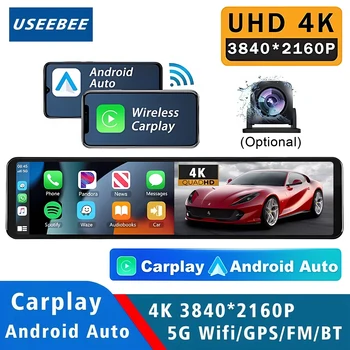 Dash Cam 4K 2160P da 11,26 Pollici con Carplay, Android Auto, Doppia Lente, Wifi, GPS, BT, FM, Registratore Video per Auto, Specchietto Retrovisore con Telecamera