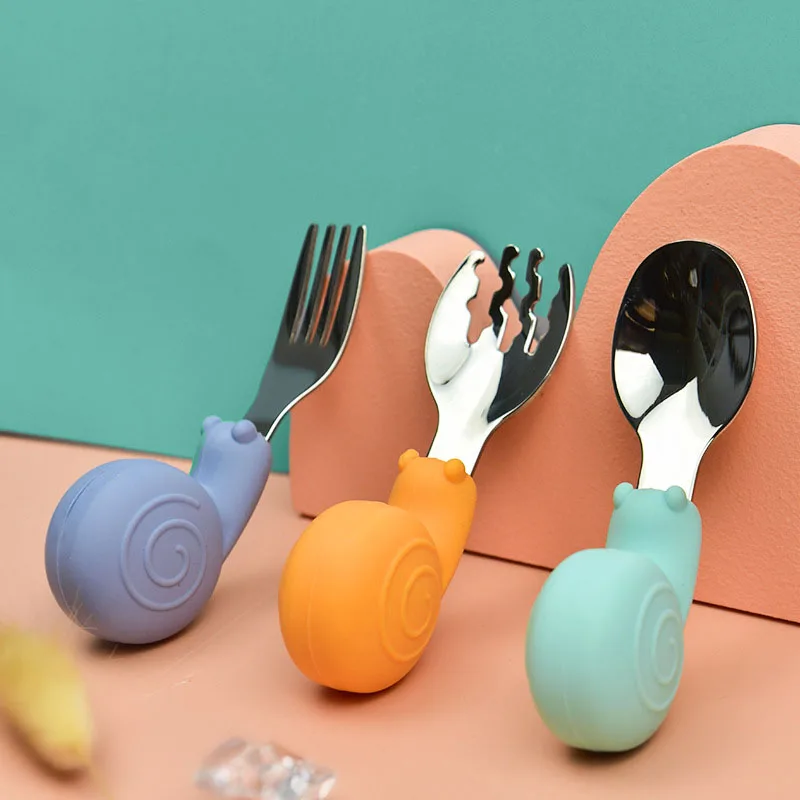 Snail Baby Tableware Set Stainless Steel Toddler Dinnerware Cutlery Cartoon Infant Food Feeding Spoon Fork Children Utensil