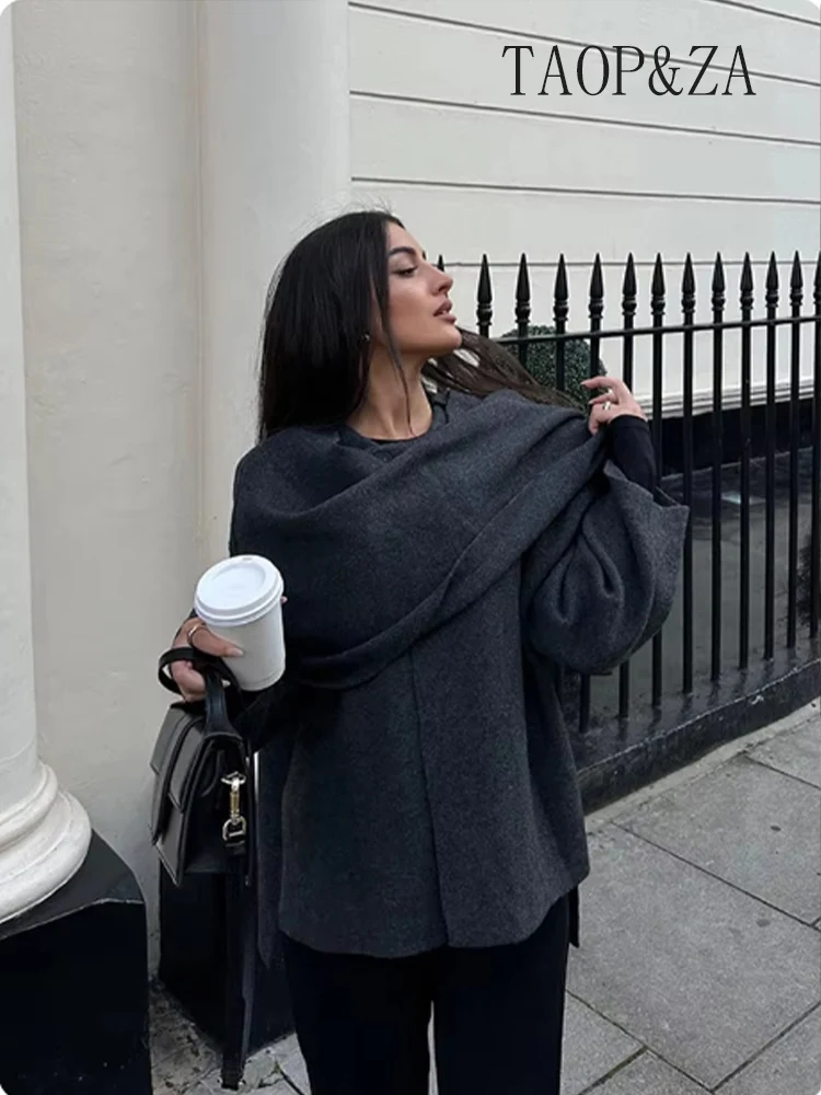 Fashion Scarf Collar Woolen Blends Jackets Women Elegant Long Sleeve Split Hem Loose Short Coats Fashion Autumn Lady Outerwear 5