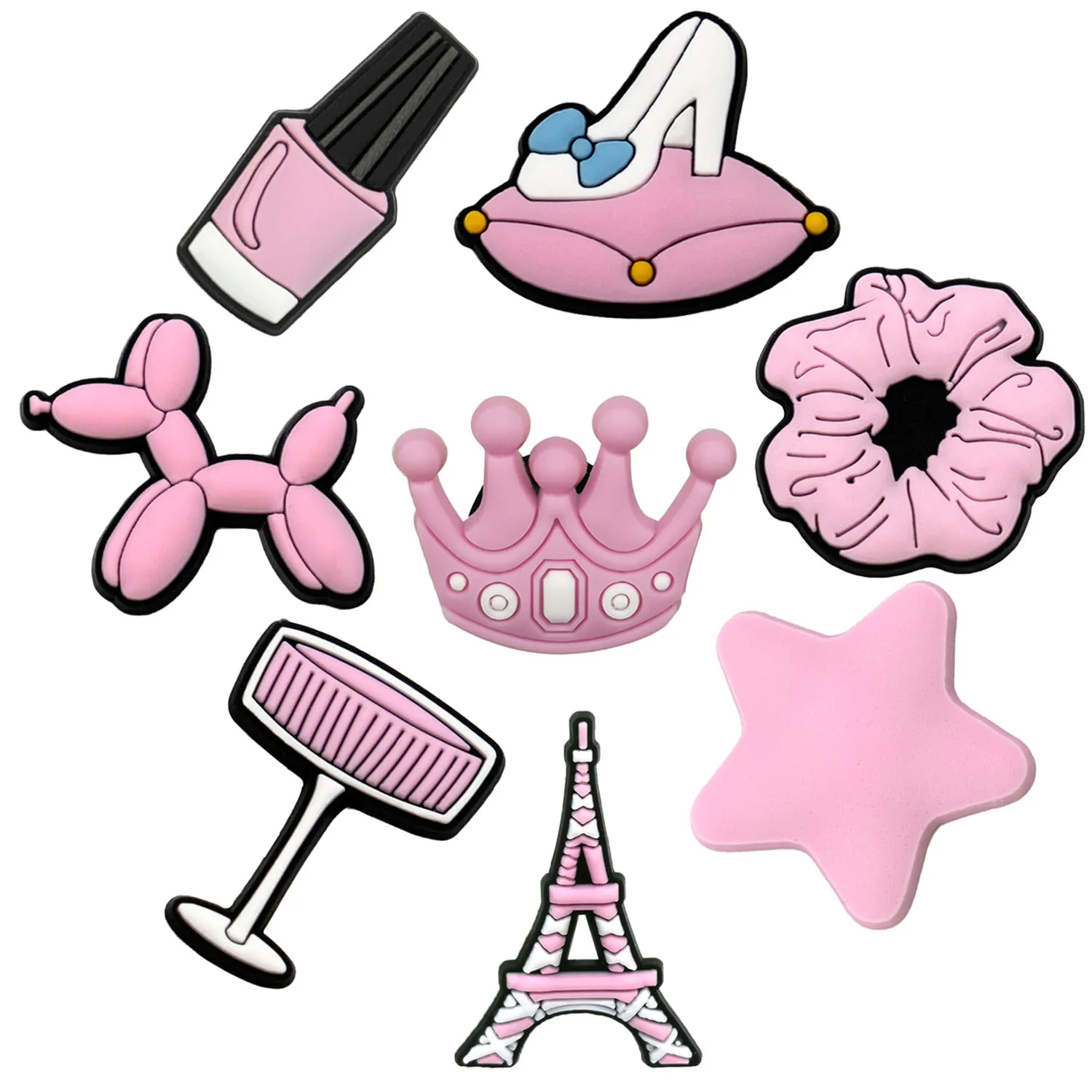 1/8 Stück süße rosa Schuhanhänger für Frauen Mascara Krone High Heels Hund Schuhdekorationen Haarband Paris Tower Star Clog Zubehör