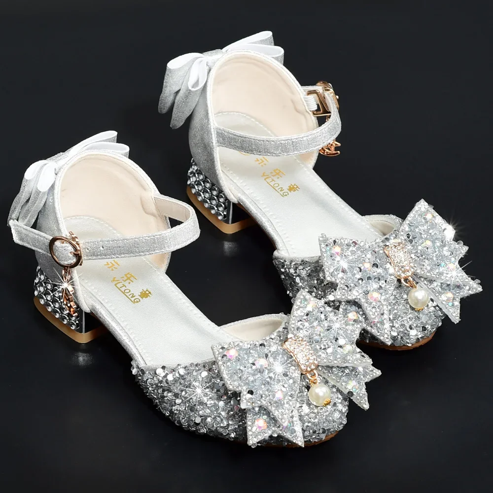 Children's High Heel Princess Shoes Silver Crystal Dance Shoes For Girls Summer Performance Hostess Shoes Kids Fashion Leather S 2