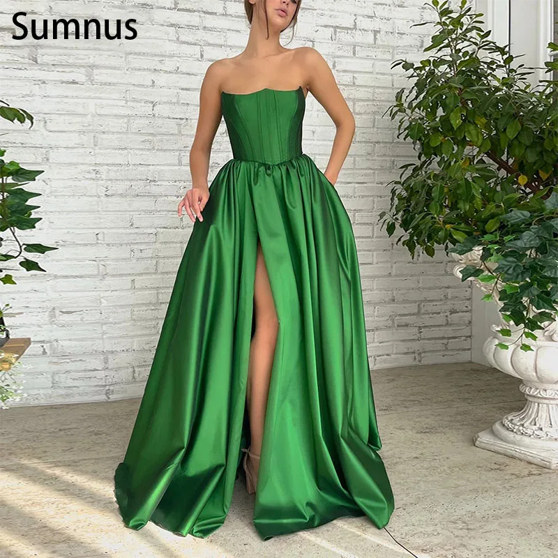 

Sumnus Green Strapless Satin Evening Dresses 2022 Sleeveless High Slit A-Line Prom Gowns Pockets Lace Up Formal Party Dresses