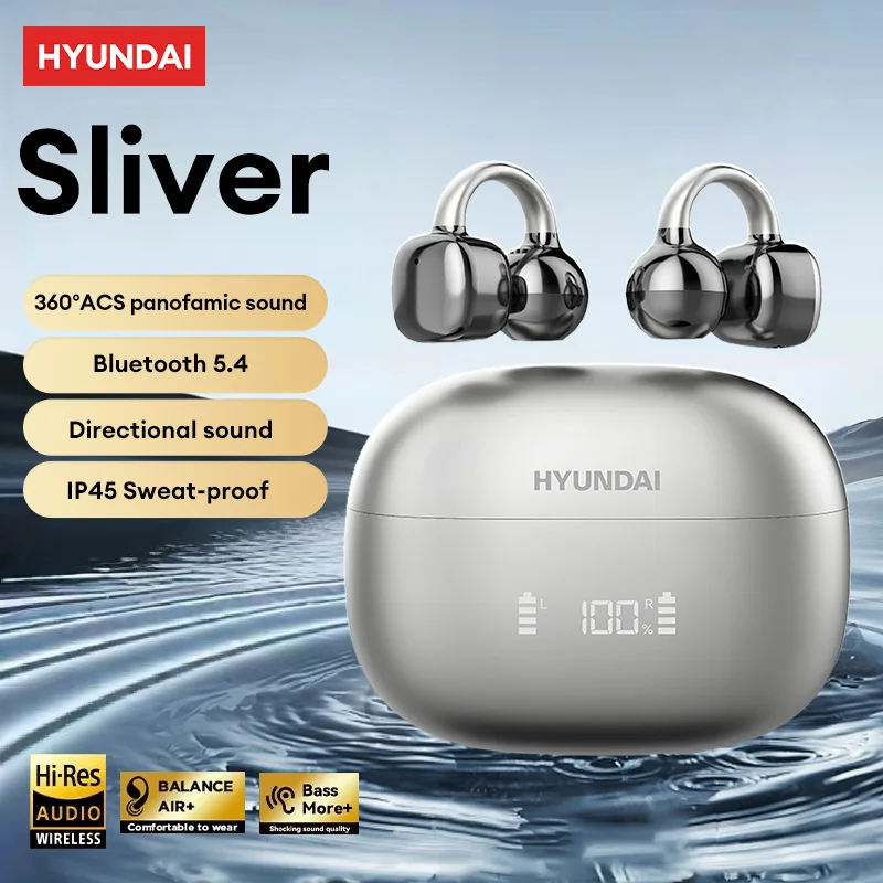 ワイヤレスイヤホン HYUNDAI アクセ付き シルバーorブラック HYUNDAI Clipbuds7 イヤークリップイヤホンスマート LED ディスプレイ