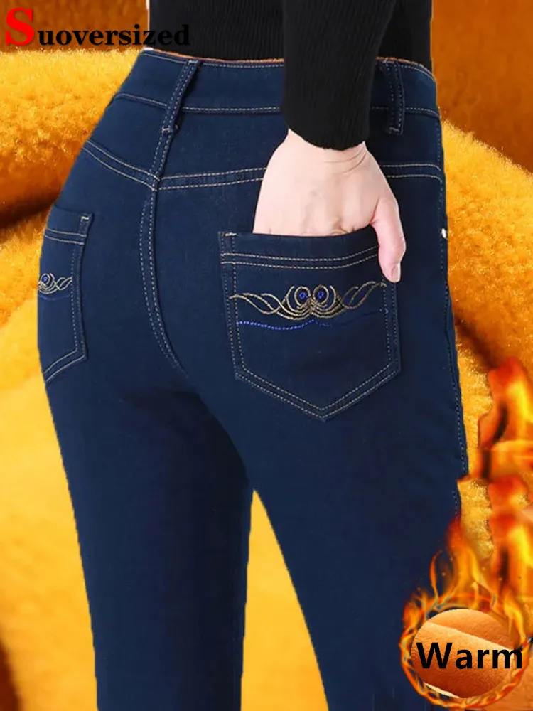 

Skinny Velvet Lined Jeans Straight Pants Winter New Warm Thick Vaqueros Pantalones Women Casual Plush High Waist Denim Trousers