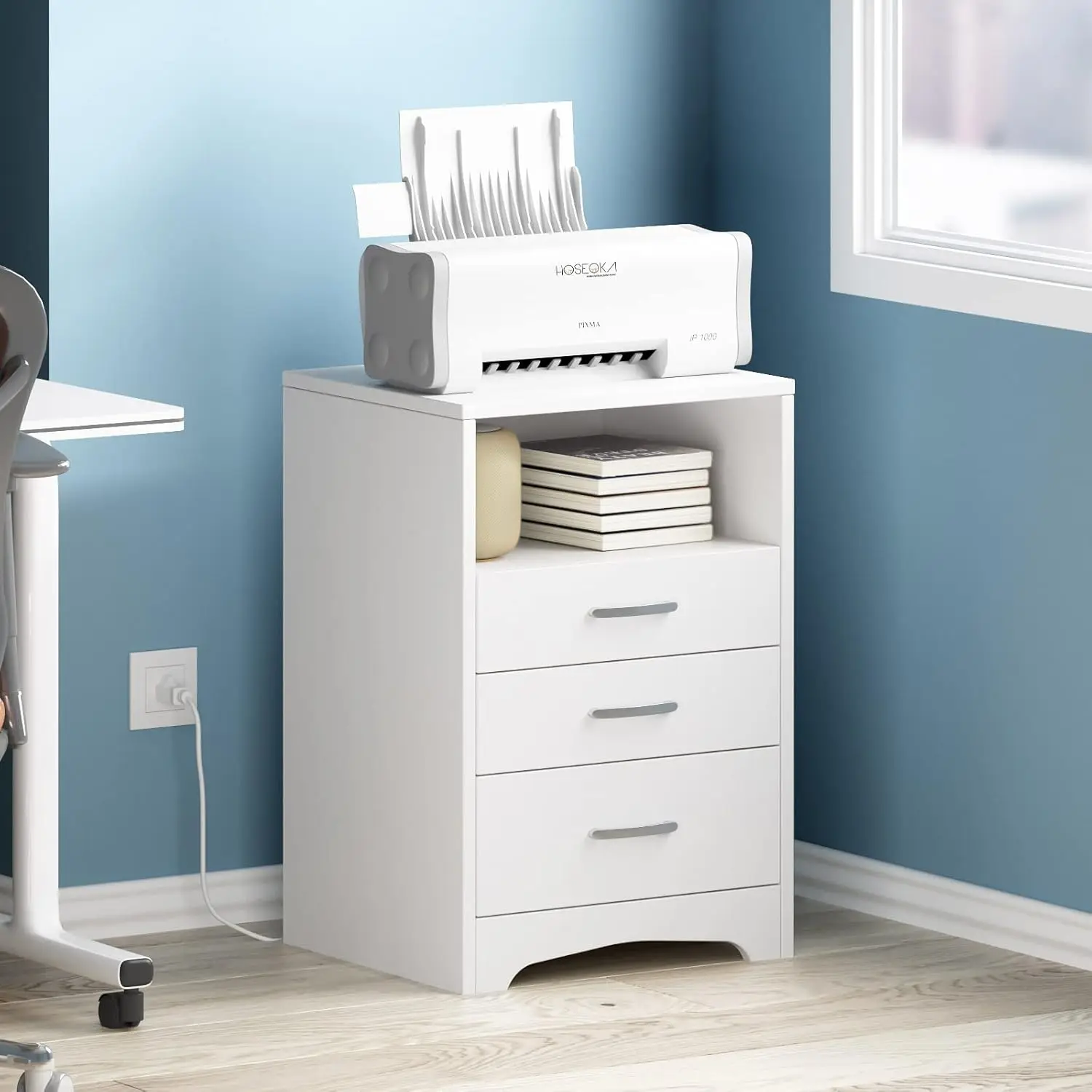 White Nightstand Set of 2 Nightstand with Charging Station, Modern End Side Table with 3 Drawer, Wooden Cabinet Stand by Sofa, B