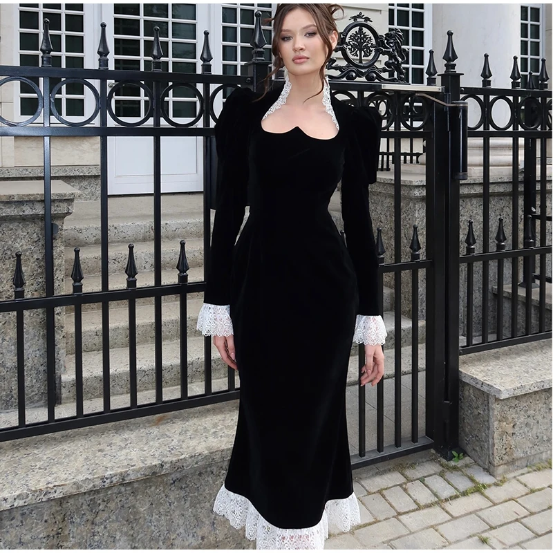 Vintage Floral Square Collar Long Dresses Women Elegant Puff Sleeve Lace Patchwork Maxi Dress Female Spring Chic Street Evening