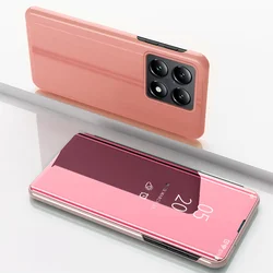Sleek Mirror Flip Full Protection Phone Case with Premium Support Cover for Xiaomi 14 Pro (Rose Gold)