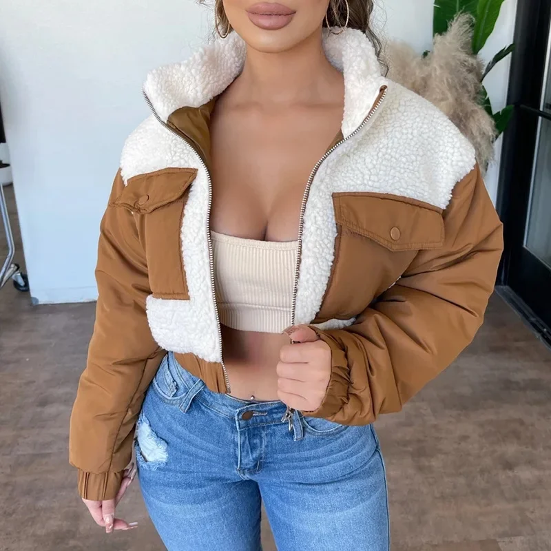 Fashion Coat Tops Lamb Wool Stitching Cropped Jackets Kpop Women Winter Long Sleeve Patchwork Zipper Up Jackets Streetwear women winter thick warm suede lamb jacket short motorcycle zipper coats faux shearling sheepskin leather jackets outwear coat