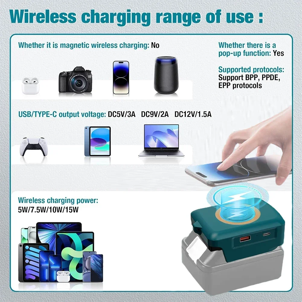 마키타/디월트/밀워키 18V 20V 리튬 배터리 무선 충전 어댑터 타입 C USB 충전기 어댑터 휴대폰 충전용