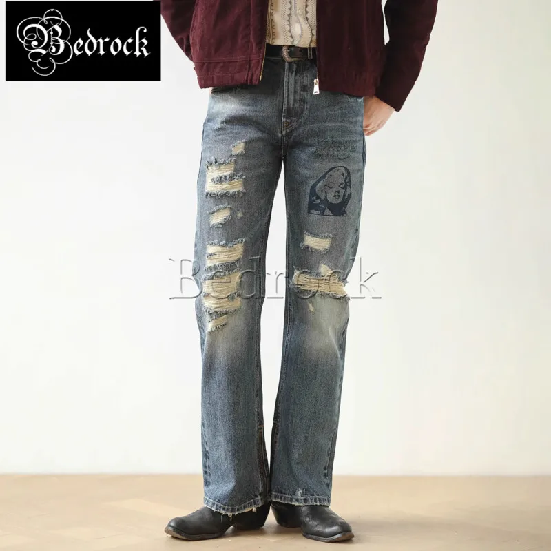 

MBBCAR Mens Jeans 14.4oz hand drawn distressed bell-bottom trousers DIY BOOTCUT pants wash whiskers selvedge denim flared pants