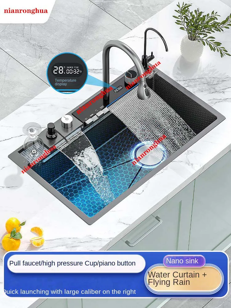 

Cocina Waterfall Kitchen Sink Honeycomb Technology Large Digitial Display Stainless Steel Soap Dispenser Cup Washer