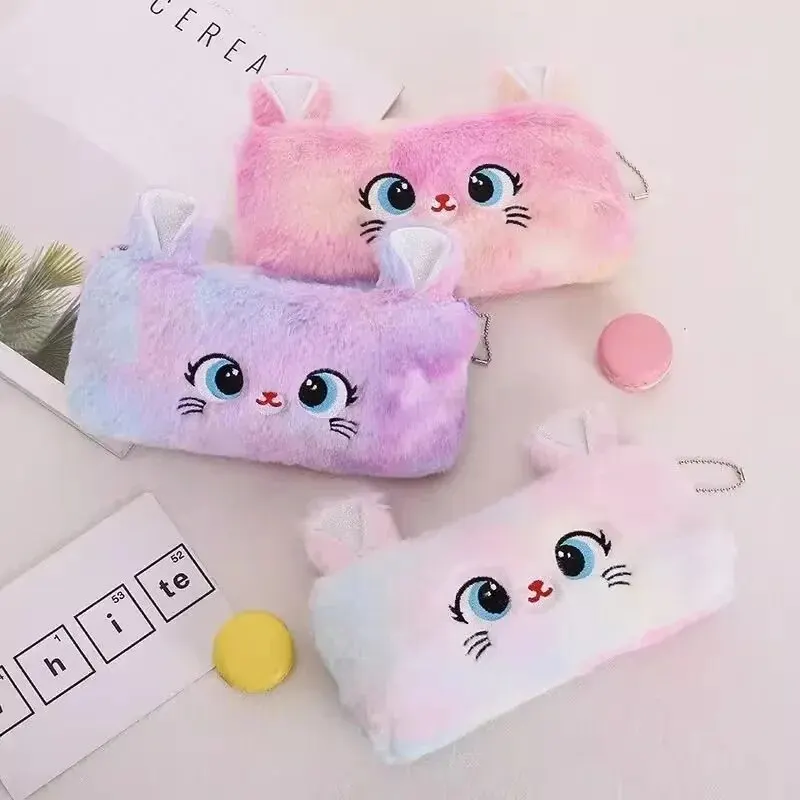 Cartoon Plush Pencil Pouch Cute Cat Pencil Case Pen Bag Zipper Fluffy Large Capacity Kawaii Pen Pouch School Office Supplies