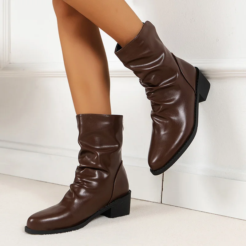 Pleated Leather Ankle Boots Women 2024 New Low Heels Fashion Boots for Woman Back Zipper Short Booties Plus Size 35-43 comfort