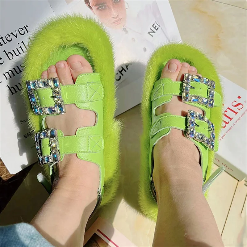 High Quality Furry Fur Sandals Winter Women's Casual Warmth Mink Fur Slippers Lace Up Rhinestone Home Sandals
