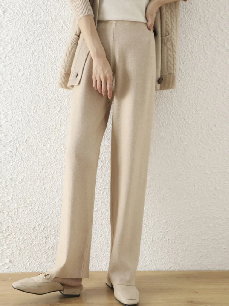 

Fashion wide leg pants for Women's Fall and Winter elastic waist loose straight trousers casual slim versatile Skinny knit pant