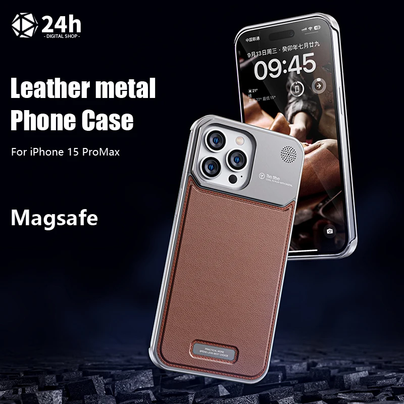 

Роскошный кожаный металлический чехол для телефона iPhone 14 13 15 Pro Max, оболочка для Magsafe, Беспроводная зарядка, алюминиевый сплав, кожаный чехол для телефона