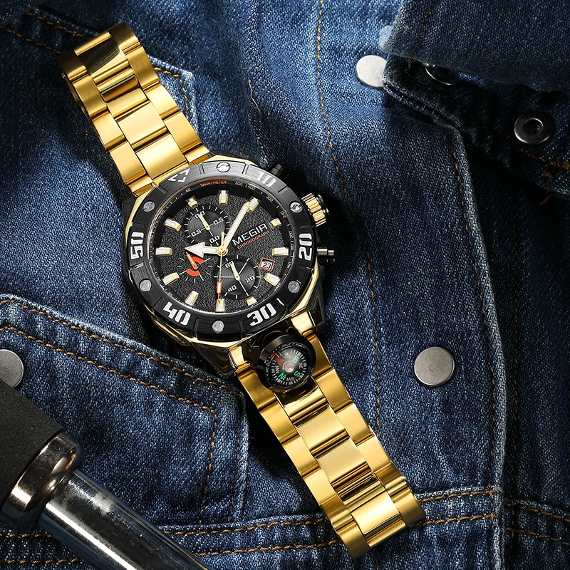 MEGIR Fashion Compass Decoration Quartz Watch for Men Stainless Steel Band Waterproof Luminous Date Sport Chronograph Watches