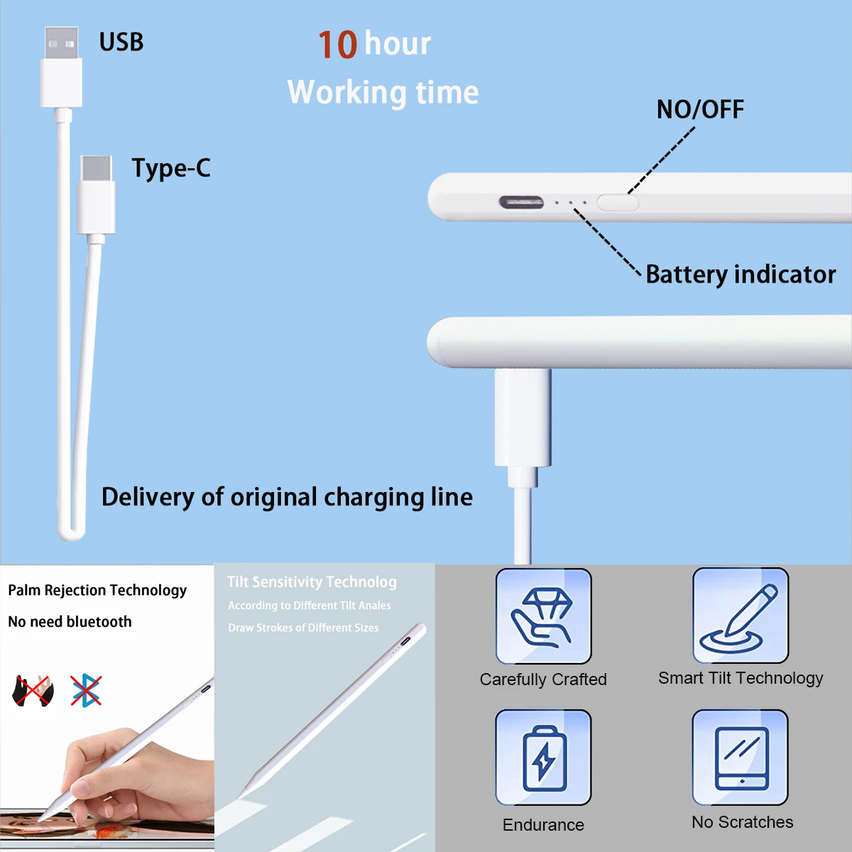 para Appl Lápis Origem Caneta Stylus para Ipad Canetas Apple Lápis Bateria Lembrete de Exibição Inclinação da Rejeição de Palma Usb Tipo-c Chargin - Imagem 3