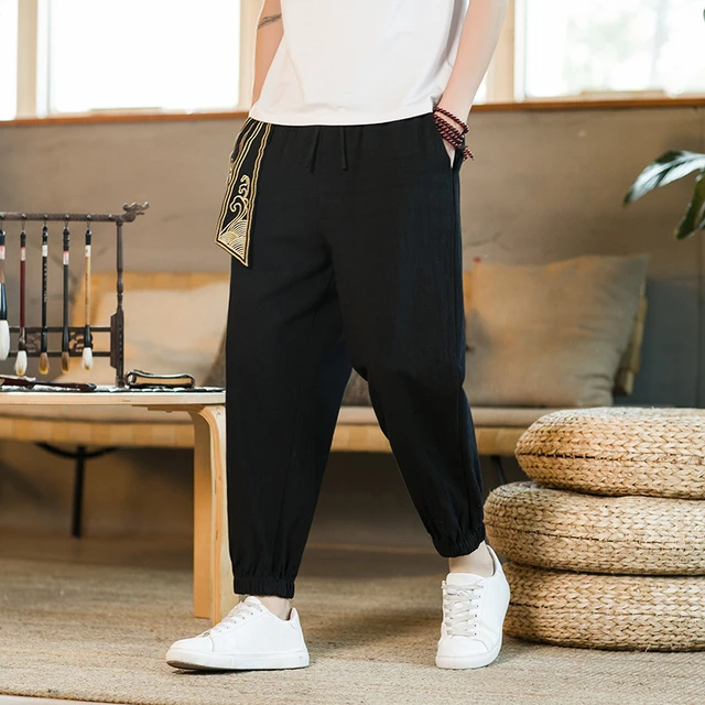 Summer Mens Cotton Linen Trousers Summer Pants 5xl Casual Male Solid  Elastic Waist Straight Loose Pants Plus Size - Casual Pants - AliExpress