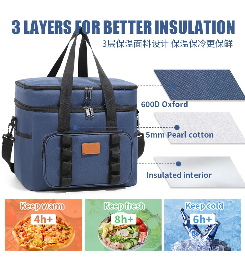 Multifunktionale doppellagige Tragetasche, Kühltaschen für Damen und Herren, großes Fassungsvermögen, Reise-Picknick-Lunchbox mit Schultergurt – Detail 1