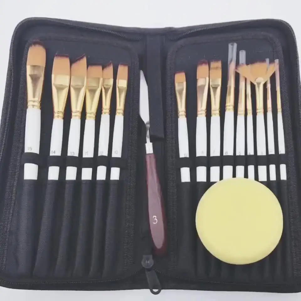 Set 15 Pennelli Pittura Con Astuccio Pop-Up - Per Acrilico, Olio E Acquerello - Include Spatola, Tavolozza E Spugna