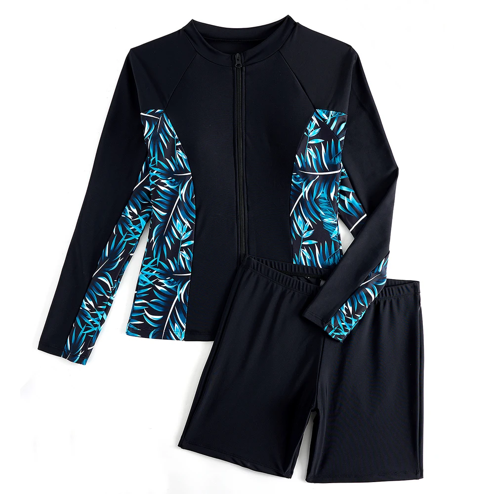 Women Sports Swimsuits Long Sleeve Print Floral Swimwear Zipper Boxer Shorts Two Pieces