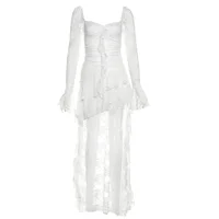 Fairycore Lace Flare Sleeve Square Neck A-line Dress Sweet E-girl Irregular Long Hem Dresses Cyber Y2K Party Vestido - Image 6