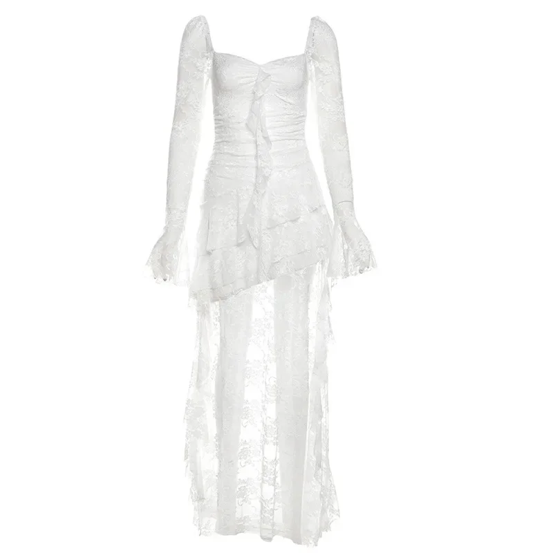 Fairycore Lace Flare Sleeve Square Neck A-line Dress Sweet E-girl Irregular Long Hem Dresses Cyber Y2K Party Vestido 6