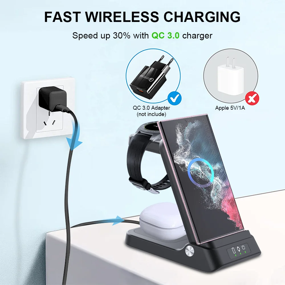 Wireless Charger Stand 3 in 1 Foldable Fast Charging Dock Station For iPhone 15 14 13 12 Samsung S23 S22 S21 Galaxy Watch