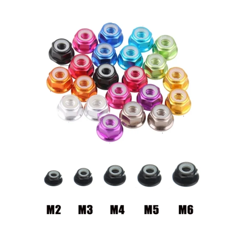 

10Pcs M2/M3/M4/M5/M6 Aluminum Flanged Nylon Insert Anti-Loose Nut Self-Locking Hex Locknut Slip Lock Nut Blue Red Gold Black etc