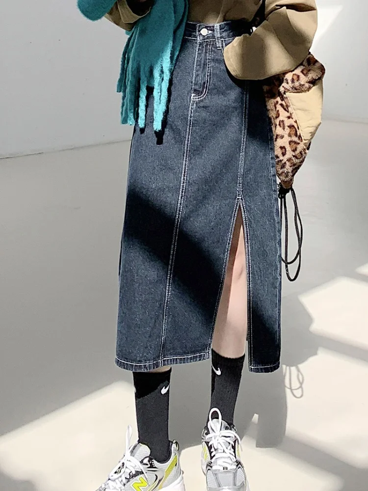 

Y2k High Waist Straight Denim Skirt Women Vintage Split Fork Blue Long Bodycon Pencil Jean Skirt Fashion Clothes Femme 2023 New