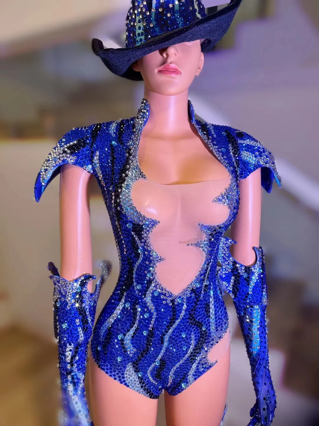 4pcs Sparkly Bodysuit Gloves Hats Set Sexy Performance Dance Costume Nightclub Singer Dancer Show Stage Wear Dance Troupe