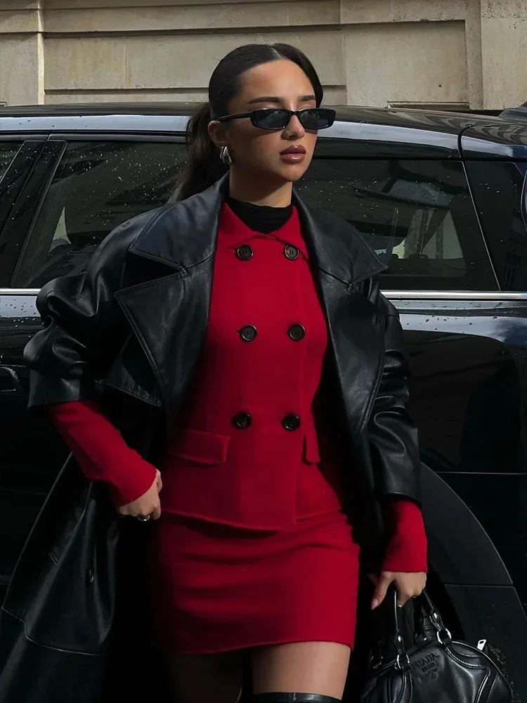 

TRAF New Red Blazer Set Skirts For Woman 2023 Autumn Jacket Women Chic Double-Breasted Outerwears Female Lapel Long Sleeve Coats