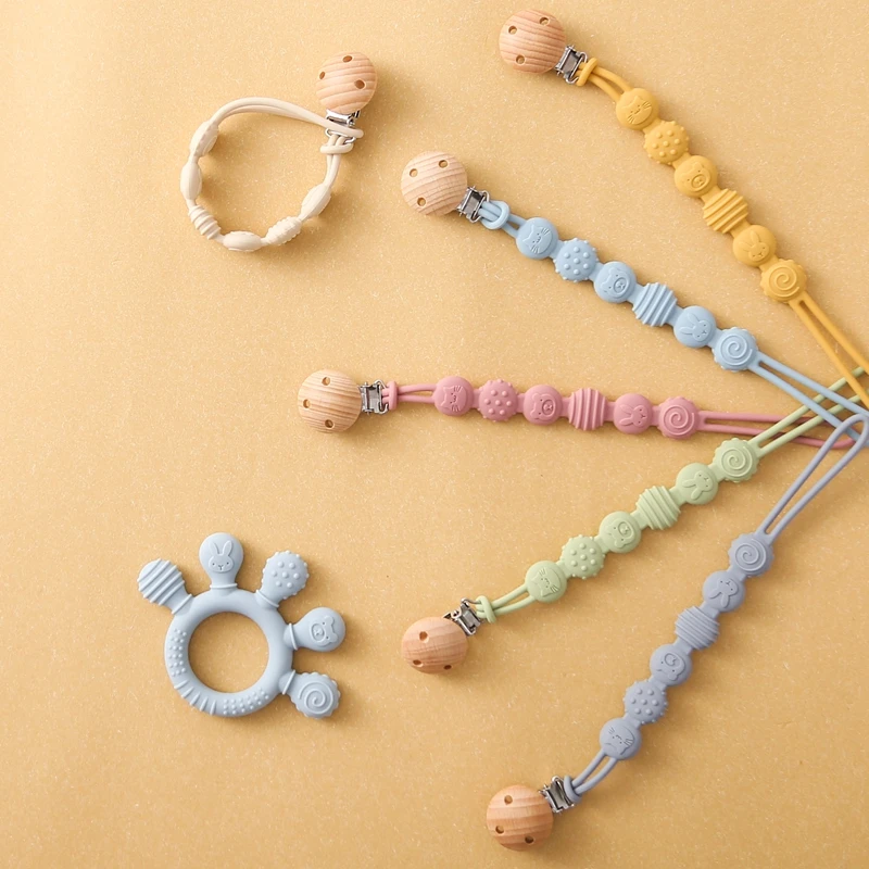Buche Holz Schnuller Clip Silikon Beißring Kette Set Anti-drop Schnuller Kette Baby Zubehör Nippel Halter Schnuller Halter geschenke – Detail 7