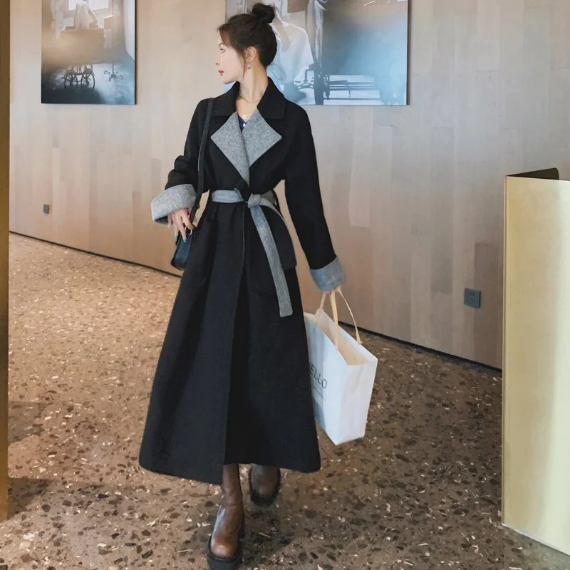 

British style blended coat 2022 new autumn and winter lapel warmth and thick loose casual coat over the knee long streetwear